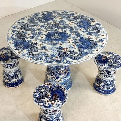 Vintage Chinese Ceramic Dining Table and Stools, Set of 5-GNW-1799934