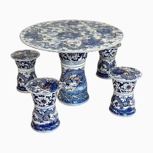 Vintage Chinese Ceramic Dining Table and Stools, Set of 5-GNW-1799934