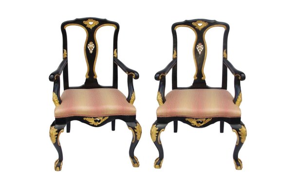 Vintage Chippendale Style Carved and Lacquered Wood Lounge Chairs, Set of 2-CEJ-488233