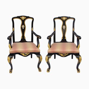 Vintage Chippendale Style Carved and Lacquered Wood Lounge Chairs, Set of 2-CEJ-488233