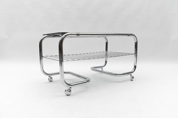 Vintage Chrome and Smoked Glass 2-Tier Coffee Table with Wheels, 1970s-KQB-1807000