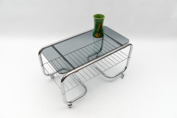 Vintage Chrome and Smoked Glass 2-Tier Coffee Table with Wheels, 1970s-KQB-1807000