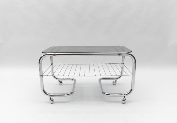 Vintage Chrome and Smoked Glass 2-Tier Coffee Table with Wheels, 1970s-KQB-1807000