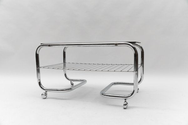 Vintage Chrome and Smoked Glass 2-Tier Coffee Table with Wheels, 1970s-KQB-1807000