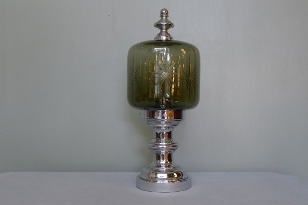 Vintage Chrome Harold & Maude Table Lamp with Goblet-Shaped Cut Glass Shade, 1970s-VRE-902694