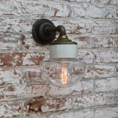 Vintage Clear Glass & Brass Sconce with Cast Iron Arm-BLS-912734