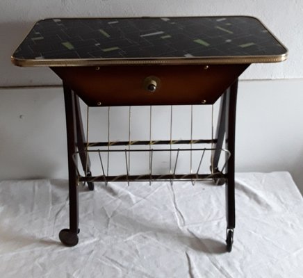 Vintage Coffee Table on Wheels with Magazine Rack and Brown Beech Drawer with Brass Parts, 1960s-HOI-935748