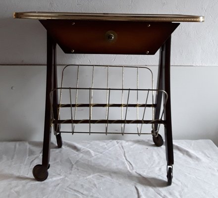 Vintage Coffee Table on Wheels with Magazine Rack and Brown Beech Drawer with Brass Parts, 1960s-HOI-935748