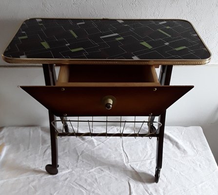 Vintage Coffee Table on Wheels with Magazine Rack and Brown Beech Drawer with Brass Parts, 1960s-HOI-935748