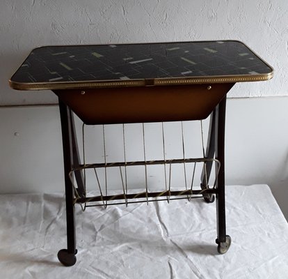 Vintage Coffee Table on Wheels with Magazine Rack and Brown Beech Drawer with Brass Parts, 1960s-HOI-935748