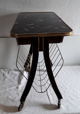 Vintage Coffee Table on Wheels with Magazine Rack and Brown Beech Drawer with Brass Parts, 1960s-HOI-935748