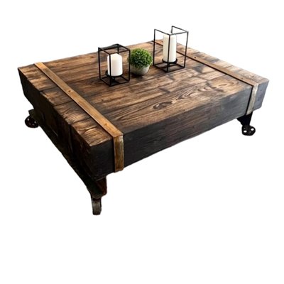 Vintage Coffee Table with Iron and Steel Beams and Wooden Blocks on Wheels-TCS-1798024