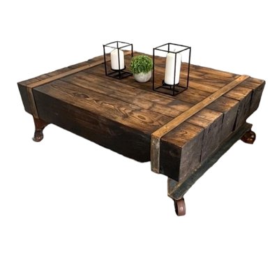 Vintage Coffee Table with Iron and Steel Beams and Wooden Blocks on Wheels-TCS-1798024