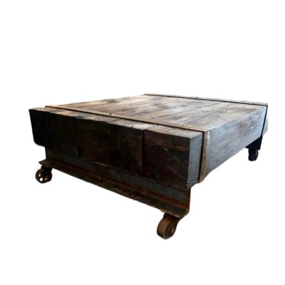 Vintage Coffee Table with Iron and Steel Beams and Wooden Blocks on Wheels-TCS-1798024