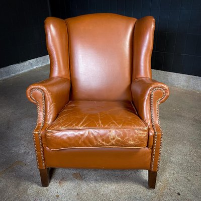 Vintage Cognac Leather Wingback Armchair-IA-1409683