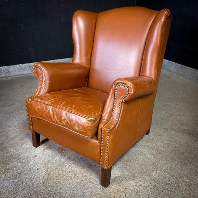 Vintage Cognac Leather Wingback Armchair-IA-1409683