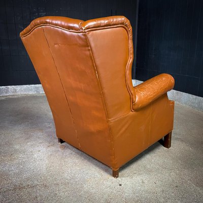 Vintage Cognac Leather Wingback Armchair-IA-1409683