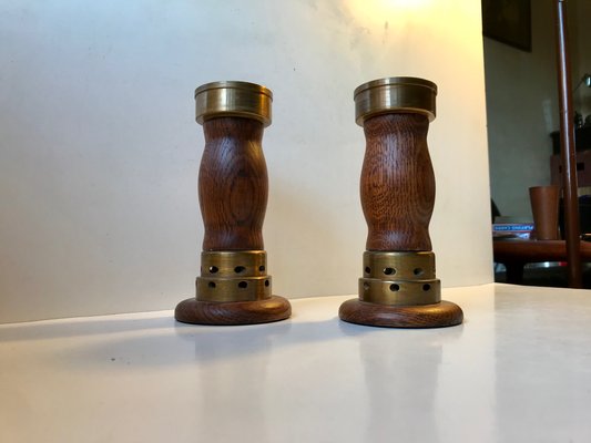 Vintage Danish Church Candleholders in Oak & Bronze, 1950s, Set of 2-LCR-782927