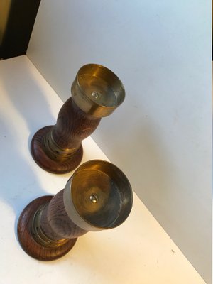 Vintage Danish Church Candleholders in Oak & Bronze, 1950s, Set of 2-LCR-782927