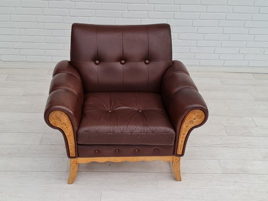 Vintage Danish Leather and Oak Armchair, 1970s-TMW-1421313