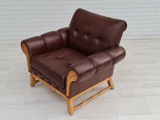 Vintage Danish Leather and Oak Armchair, 1970s-TMW-1421313