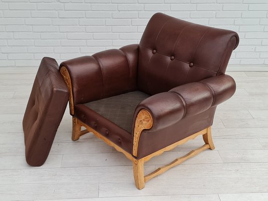 Vintage Danish Leather and Oak Armchair, 1970s-TMW-1421313