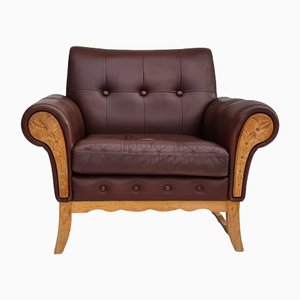 Vintage Danish Leather and Oak Armchair, 1970s-TMW-1421313