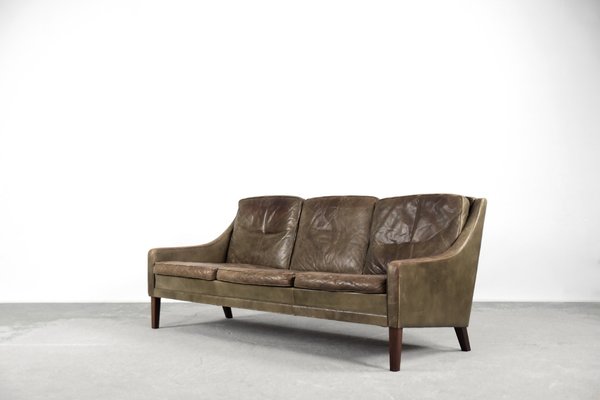 Vintage Danish Modern Brown Leather 3-Seater Sofa, 1950s-ZAA-1095812