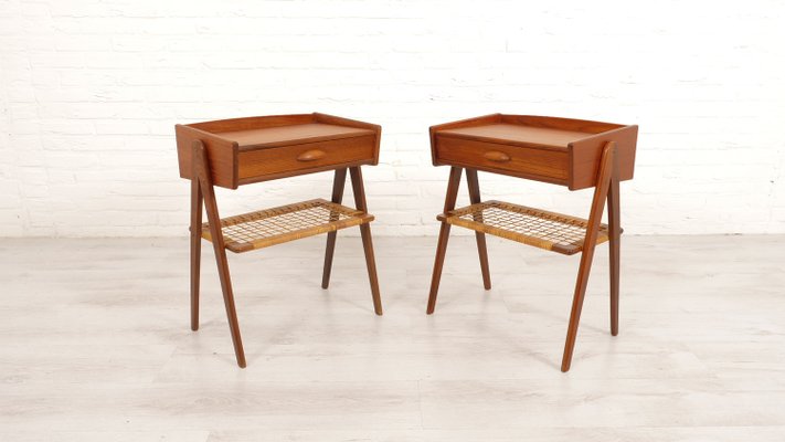 Vintage Danish Teak & Rattan Bedside Tables, Set of 2-HPM-2031520