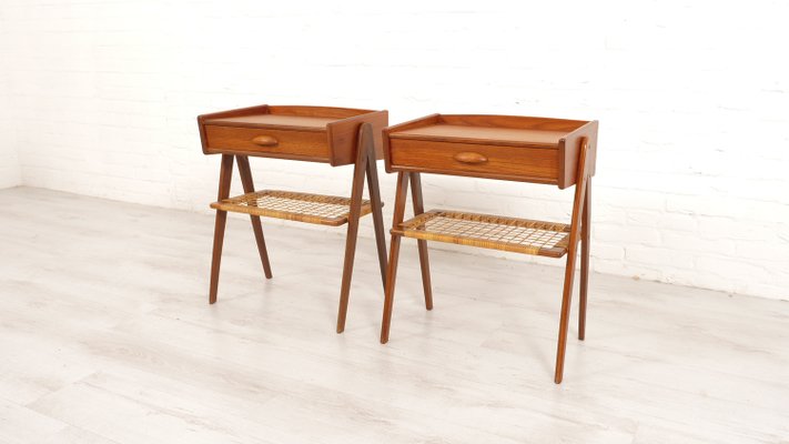 Vintage Danish Teak & Rattan Bedside Tables, Set of 2-HPM-2031520