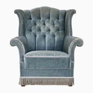 Vintage Danish Wingback Armchair in Light Blue Velour, 1950s-TMW-1768645