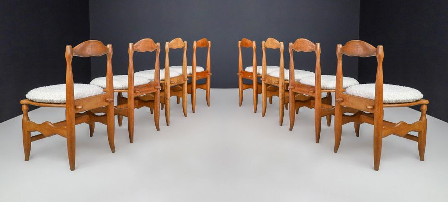 Vintage Dining Room Chairs in Oak and Bouclé from Guillerme & Chambron, 1960s, Set of 8-TRW-1729762