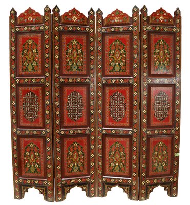 Vintage Double-Sided Hand Painted Room Divider in Teak, 1980s-UZN-1453133