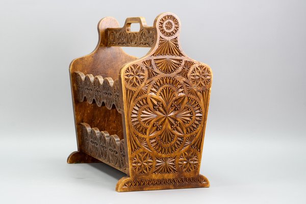 Vintage Dutch Carved Wooden Magazine Rack in Frisian Notch Cut Technique-KEG-1236403