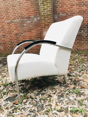 Vintage Dutch Industrial White Lounge Chair with Chromed Tubular Steel Frame, 1950s-WQJ-844696