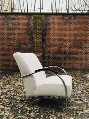 Vintage Dutch Industrial White Lounge Chair with Chromed Tubular Steel Frame, 1950s-WQJ-844696