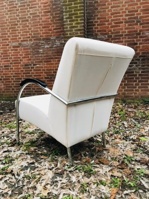 Vintage Dutch Industrial White Lounge Chair with Chromed Tubular Steel Frame, 1950s-WQJ-844696