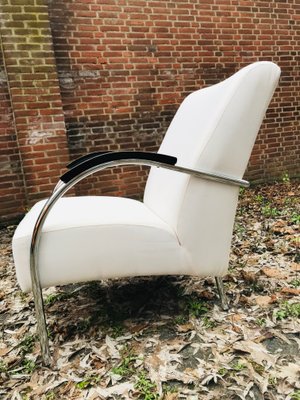 Vintage Dutch Industrial White Lounge Chair with Chromed Tubular Steel Frame, 1950s-WQJ-844696