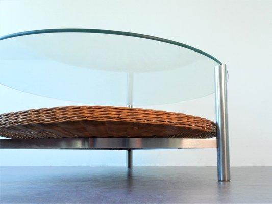 Vintage Dutch Metal, Wicker, and Glass Coffee Table-NV-667214