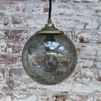 Vintage Dutch Smoked Bubble Glass & Brass Pendant Light-BLS-1440891