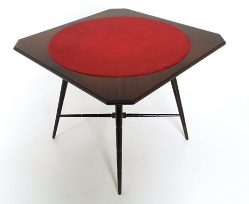 Vintage Ebonized Beech Game Table with Red Fabric from Chiavari, Italy, 1950s-JPQ-2027825