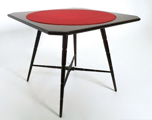 Vintage Ebonized Beech Game Table with Red Fabric from Chiavari, Italy, 1950s-JPQ-2027825