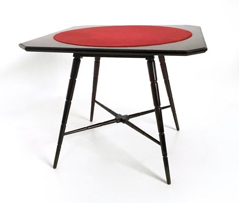 Vintage Ebonized Beech Game Table with Red Fabric from Chiavari, Italy, 1950s-JPQ-2027825