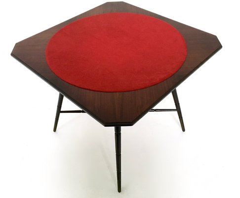 Vintage Ebonized Beech Game Table with Red Fabric from Chiavari, Italy, 1950s-JPQ-2027825