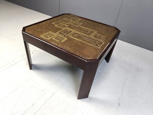 Vintage Ectched Brass and Wooden Coffee Table, 1970s-IRH-2031382