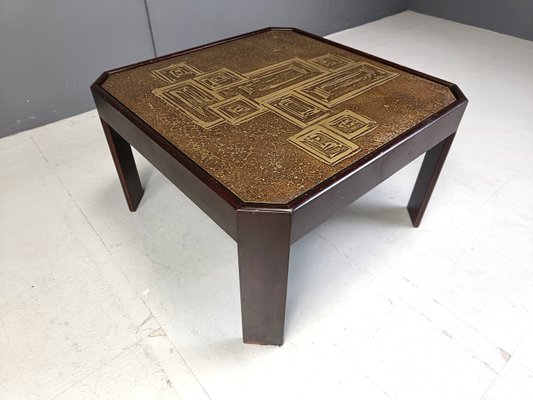 Vintage Ectched Brass and Wooden Coffee Table, 1970s-IRH-2031382