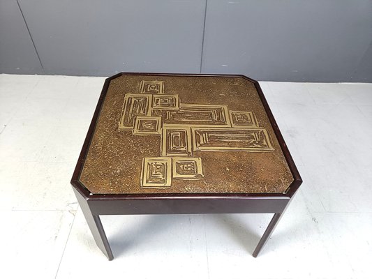 Vintage Ectched Brass and Wooden Coffee Table, 1970s-IRH-2031382