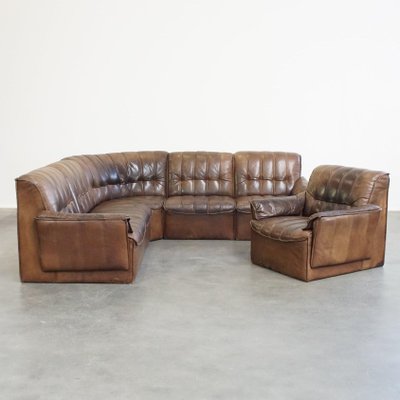 Vintage Elements Sofa in Thick Leather, 1960s, Set of 6-HPP-2033007