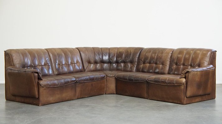 Vintage Elements Sofa in Thick Leather, 1960s, Set of 6-HPP-2033007