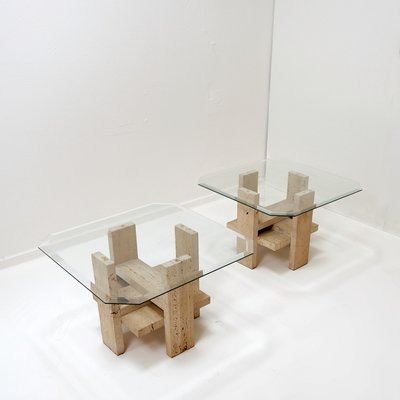 Vintage End Tables in Travertine and Glass by Willy Ballez, 1970s, Set of 2-NYF-2018993